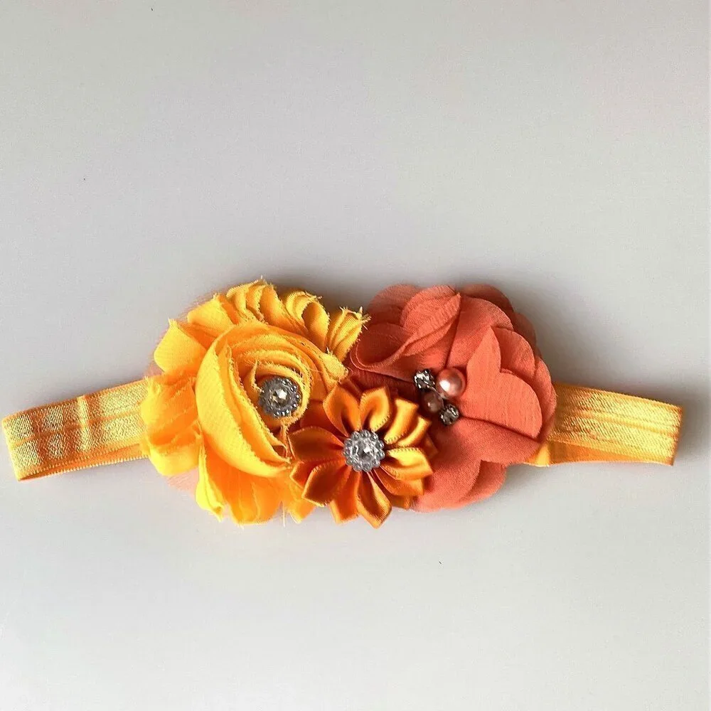 Orange Chiffon Rhinestone Flower Elastic Headbands Holiday Casual